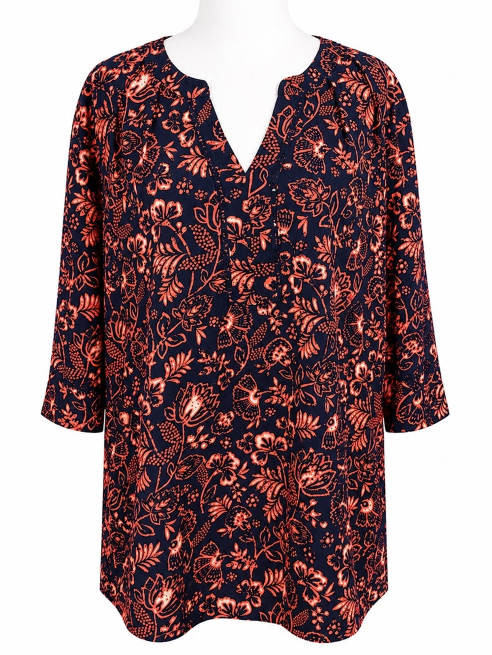 Gloria Vanderbilt Floral Tunic Top XXL Navy Peach Coral Long Sleeve Boho Blouse